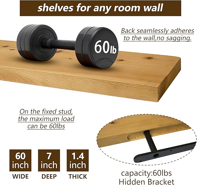 BBE 60 Inch Long Wooden Floating Book Shelves for Room Wall，Heavy Duty Floating Solid Wood Wall-Mounted Shelves with Invisible Bracket for Living Room Bedroom Kitchen Home Display Storage,Set of 2