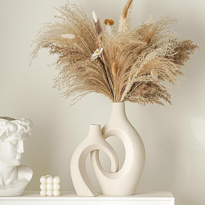 Snuggle Hollow Ceramic Vase Set of 2, Boho ins Style Round Nordic Mid Century Modern Aesthetic Decorative Vase for Home Decor (Cream W 6.8