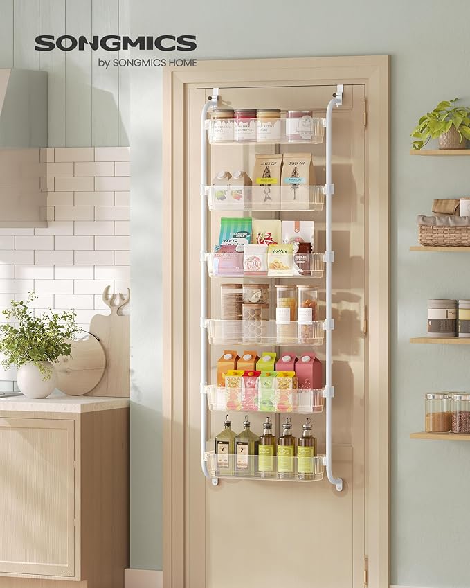 SONGMICS Over the Door Pantry Organizer, 6-Tier Kitchen Pantry Door Organizer with Adjustable Tall Baskets, Hanging Spice Rack, for Bedroom Bathroom Laundry Room, Transparent UKCS046WG01