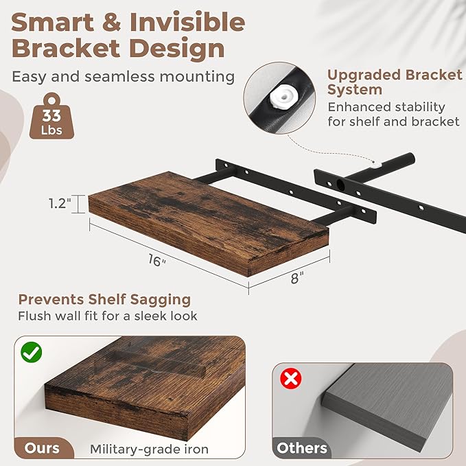 16 Inch Floating Shelves for Wall Set of 2, 8