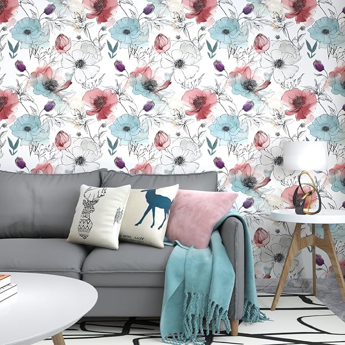 Floral Peel and Stick Wallpaper, Watercolor Flowers Contact Paper 17.5