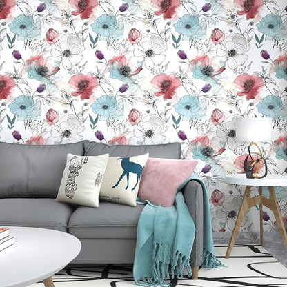 Floral Peel and Stick Wallpaper, Watercolor Flowers Contact Paper 17.5" x 393.7",Large Blooming Flower Botanical Wall Paper Self Adhesive Removable for Shelves Cabinet Table Decor- White,Blue,Pink