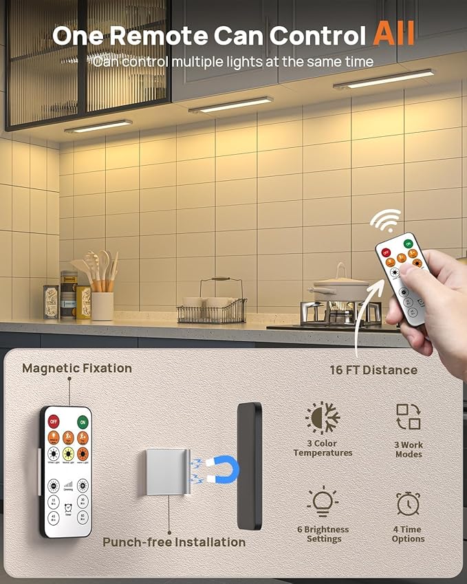 16inch Under Cabinet Lights, LED Motion Sensor Light Indoor, 4000mAh Rechargeable Closet Light with Remote, 3 Color Temps, Magnetic, Wireless Under Counter Lights for Kitchen, Stairs, Pantry, 4 Pack