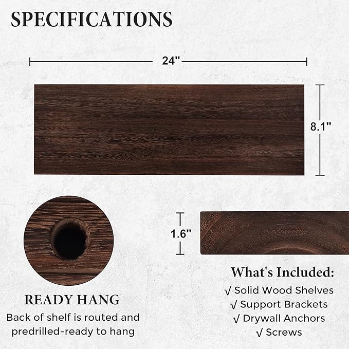 Axeman Floating Shelves, 2 Pack 8 Inch Deep Rustic Solid Wood Wall Shelves for Storage, Wall Mounted Display Shelving with Invisible Heavy-Duty Metal Bracket, 24