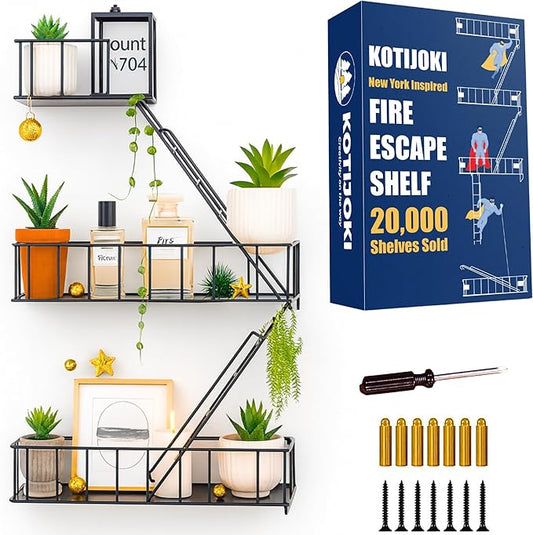 Fire Escape Wall Shelf – New York Decorative Floating Shelf – Wall Art Ladder Shelf – Black Metal Trinket Shelves for Bedroom, Home, Office, Storage and Display (2.5-Tier)