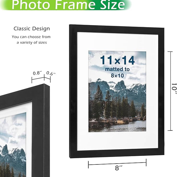 FrameWorks 11x14 mat to 8x10 Classic Wooden Picture Frames Tempered Glass/Black / 6-Pack