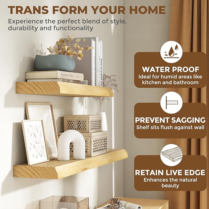 RICHFOCUS Floating Shelves for Wall 55 Inch Solid USA-Sourced Oak Wooden Shelves for Bathroom Kitchen 9" Deep Modern Wood Shelf with Heavy-Duty Bracket for Wall Mounted, Natural Finish