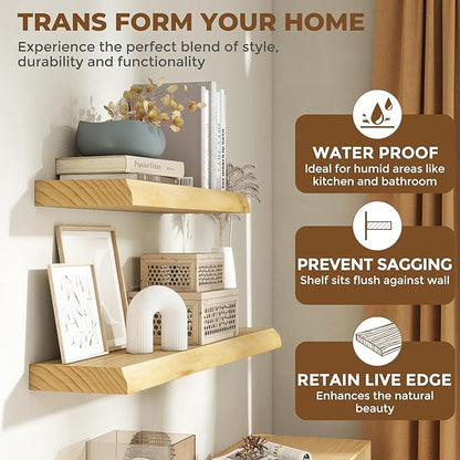 RICHFOCUS Live Edge Wood Floating Shelves for Wall 48" Natural Solid Wood Wall Mounted Shelf|8 Inch Deep Wooden Floating Shelves with Invisible Bracket for Bathroom Kitchen Room|1Pcs, Natural