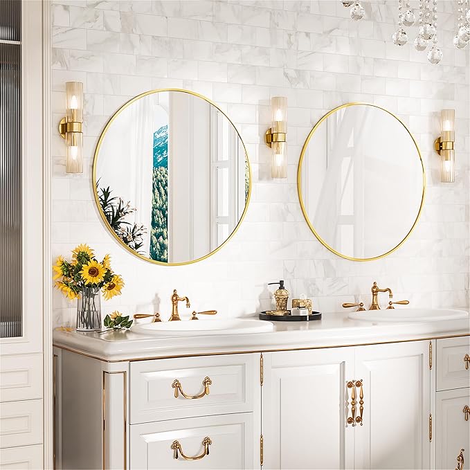 Antok 24 Inch Round Mirror for Wall, Round Bathroom Mirror, Circle Wall Mirrors with Gold Metal Frame, Circle Mirrors Suitable for Wall, Bathroom, Vanity, Living Room, Entryway