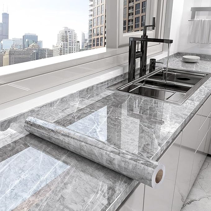 Yancorp 16"x120"Dark Gray Contact Paper Peel and Stick Wallpaper Marble Removable Wallpaper Renter Friendly Countertops Self-Adhesive Backsplash for Cabinets