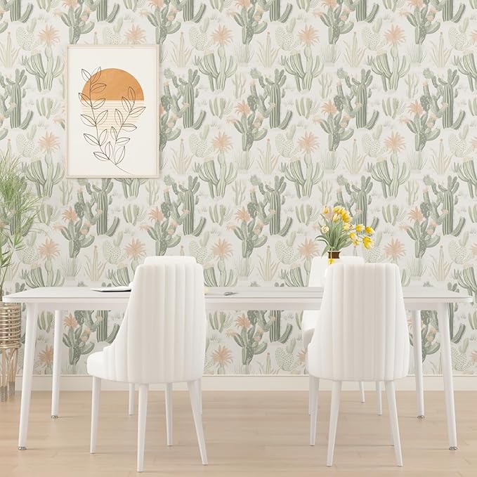 Cactus Wallpaper Peel and Stick, Beige Green Desert Succulent Botanical Contact Paper, 17.5" x 393.7" Floral Boho Wall Paper Self Adhesive Removable Waterproof for Bedroom Cabinet Drawer Table Decor