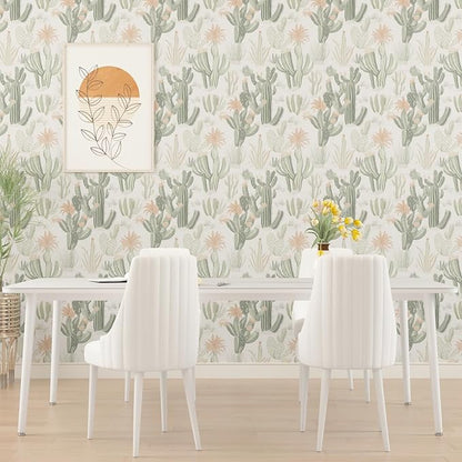 Cactus Wallpaper Peel and Stick, Beige Green Desert Succulent Botanical Contact Paper, 17.5" x 393.7" Floral Boho Wall Paper Self Adhesive Removable Waterproof for Bedroom Cabinet Drawer Table Decor