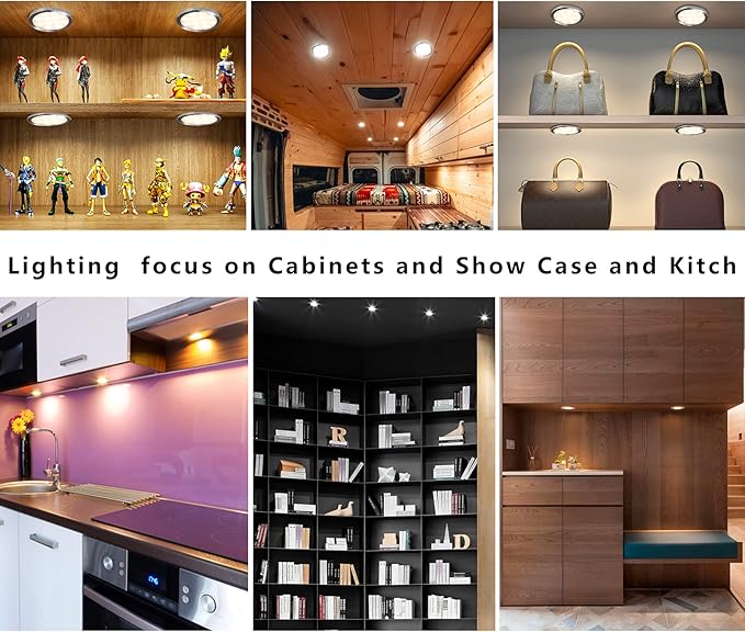 Smart LED Puck Lights with APP Control, Dimmable Cabinet Lighting with Bluetooth, Music Sync and Timer Function, Under Cabinet Lights, DC 12V Adaptor (Silver, Warm White Light, 4Pack)