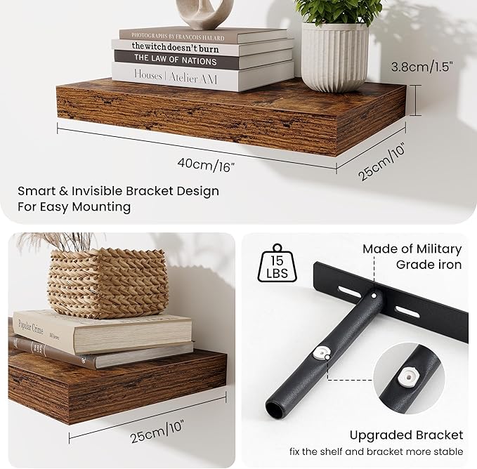 Fun Memories Floating Shelves for Wall - 10 x 16 Floating Shelf - Rustic Wood Storage Shelf - Wall Shelves with Invisible Bracket - 16