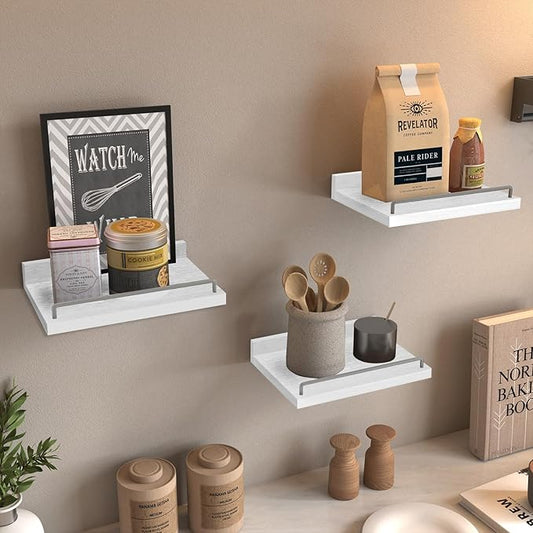 Small Floating Shelf, 6X9 Inches Farmhouse Wall Shelves for Living Room, Bedroom, Picture Frames, Plants, Kitchen, Set of 3 (White and Grey)