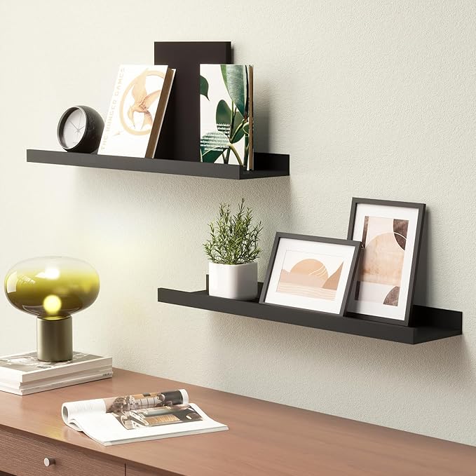 Long Floating Shelves, 2 Set Modern Black Wall Shelf for Bedroom, Nursery Book Shelf with Lip, Picture Ledge Shelf for Living Room Bathroom Kitchen - Black,23.6 In