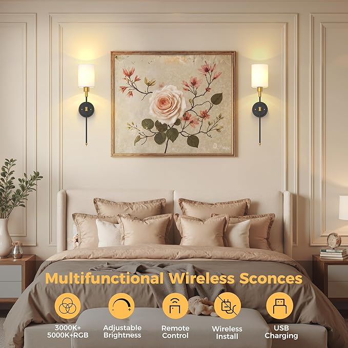 DORESshop Battery Operated Wall Sconce Set of 2, Wireless Wall Light Easy to Install, 7 Color Rechargeable Wall Sconces, Sconce Wall Decor Set of 2 for Bedroom, Living Room, Gold and Black, 24.3in