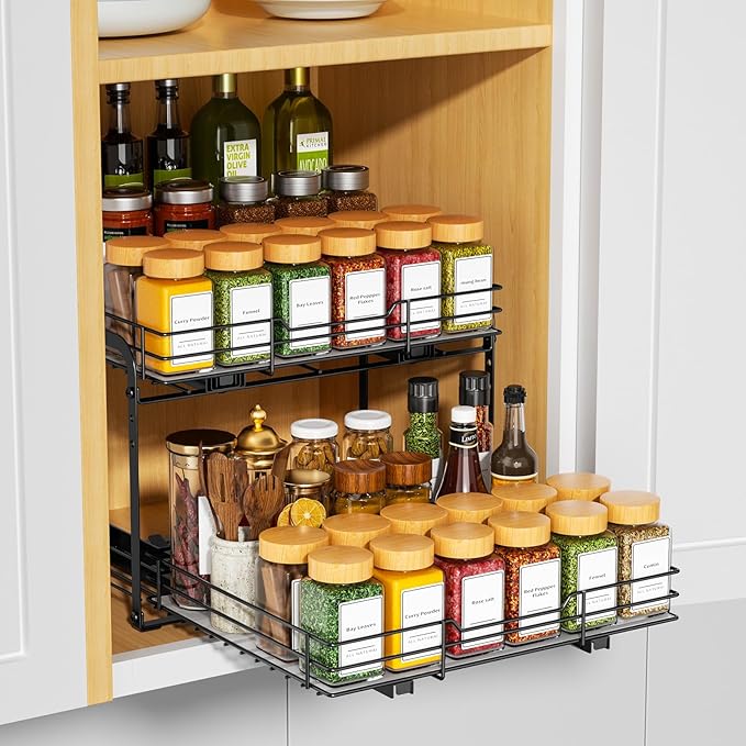 RCHYFEED Spice Organization for Cabinet,2 Tier Pull out Spice Rack Organizer for Inside Cabinets & Pantry, Slide out Heavy Duty Spice Shelf Rack for Kitchen Seasoning (11.5