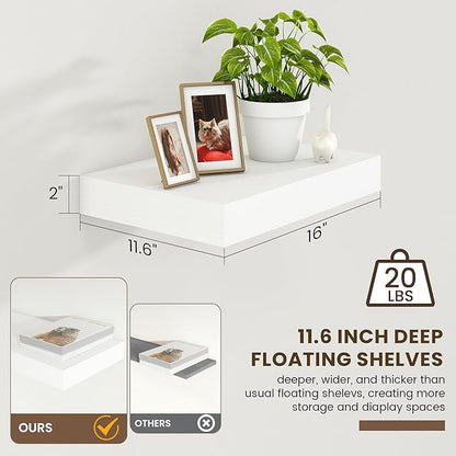 12 Inch Deep Floating Shelves | 16 Inch White Floating Shelves Set of 2 | Rustic White Deep Shelves for Wall | White Wall Shelves for Living Room Bathroom Kicthen Bedroom