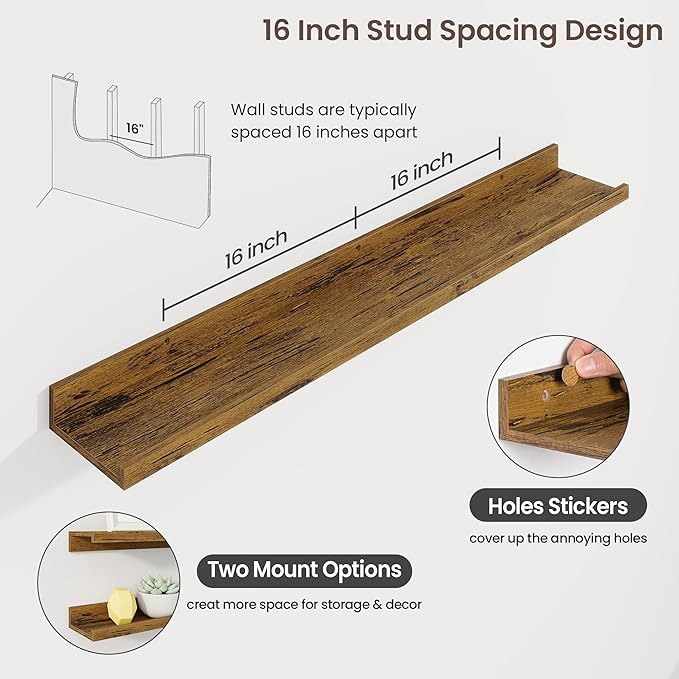 Axeman 40 Inch Floating Shelves | Brown Picture Ledge Shelf Set of 3 | Rustic Brown Wood Wall Shelves with Lip | 40