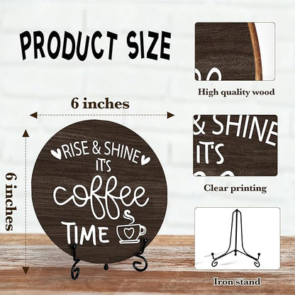 Coffee Desk Decor Sign, Farmhouse Wood Plaque, It Is Coffee Time Wood Sign, Cafe Lover Gifts, Decor For Home Kitchen Table Top, Wooden Round Decorations With Stand-17
