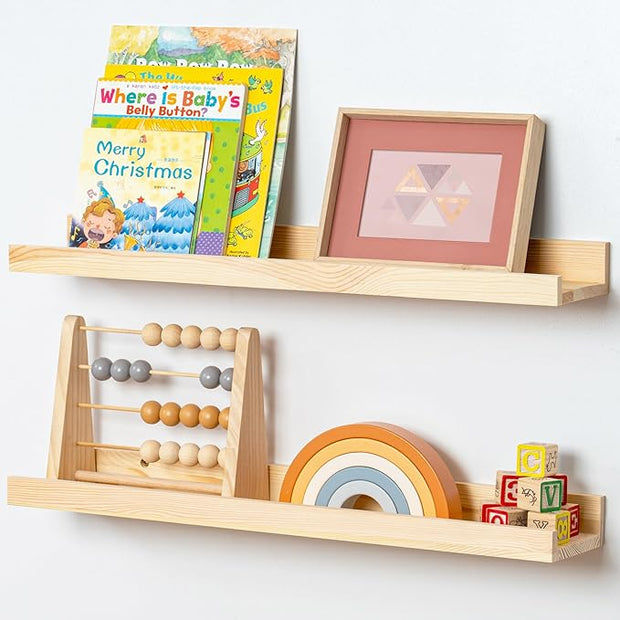 Picture Ledge Shelf for Wall, 24 inch Solid Ash Wood Nursery Book Shelves 2 Packs, Floating Shelves for Kids' Room Bedroom Bathroom Living Room Photo Frames Office Nursey Wall Decor, Natural