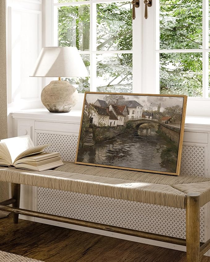 InSimSea Framed Canvas Wall Art Vintage Decor, Landscape Wall Art, Riverside Small Town Large Canvas Prints Home Decor, Rustic Farmhouse Wall Decor for Bedroom Living Room, 16