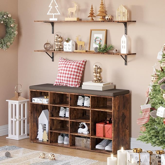 DINZI LVJ Long Wall Shelves, 55.1Inch Wall Mounted Shelves Set of 2, Extra Large Floating Storage Ledges with Sturdy Metal Brackets for Living Room, Bathroom, Bedroom, Kitchen, Rustic Brown