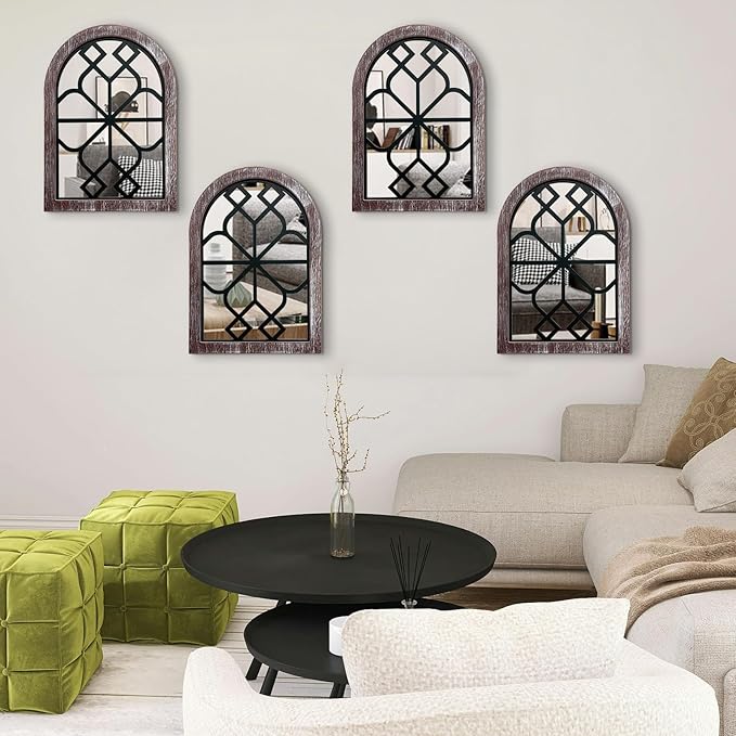 ZEXUIRU Set of 4 Arched Window Wall Mirror Rustic Farmhouse Accent Mirror Wood Framed Entry Wall Decoration for Living Room Bathroom Bedroom Kitchen