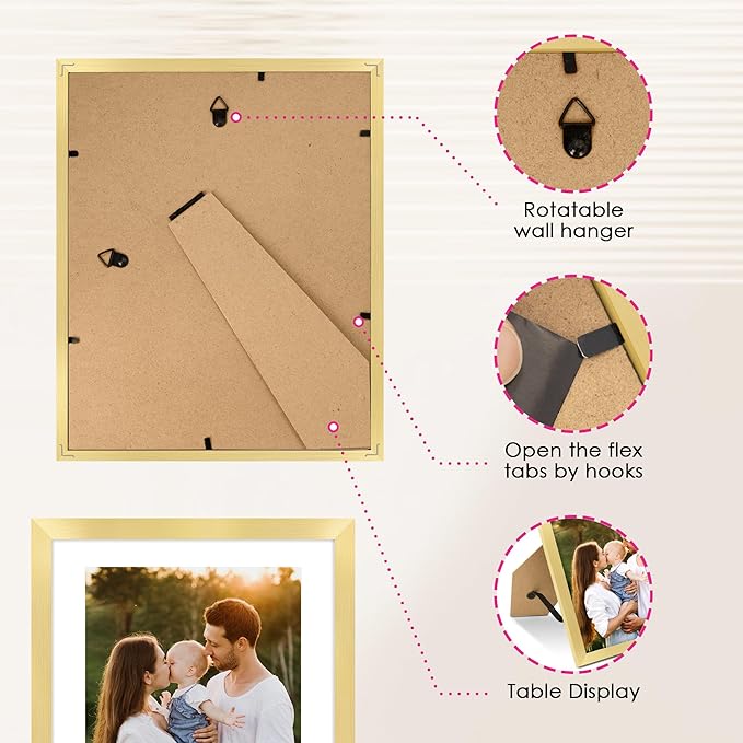 FIXSMITH 8x10 Picture Frame Bulk-4 Pack, Gold Picture Frames Collage Wall Decor, Wall & Tabletop Picture Frames, Photo Frame with HD Plexiglass, Display Pictures 5x7 with Mat or 8x10 Without Mat
