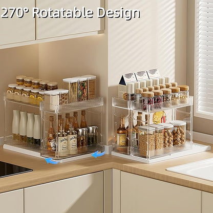 Pull Out Spice Rack Organizer for Cabinet, Rotatable 2 Tier Slide Out Seasoning Organizer and Storage Adhesive Vertical Spice Rack Shelf Pullout for Kitchen Cabinets(2 Drawer, Acrylic)