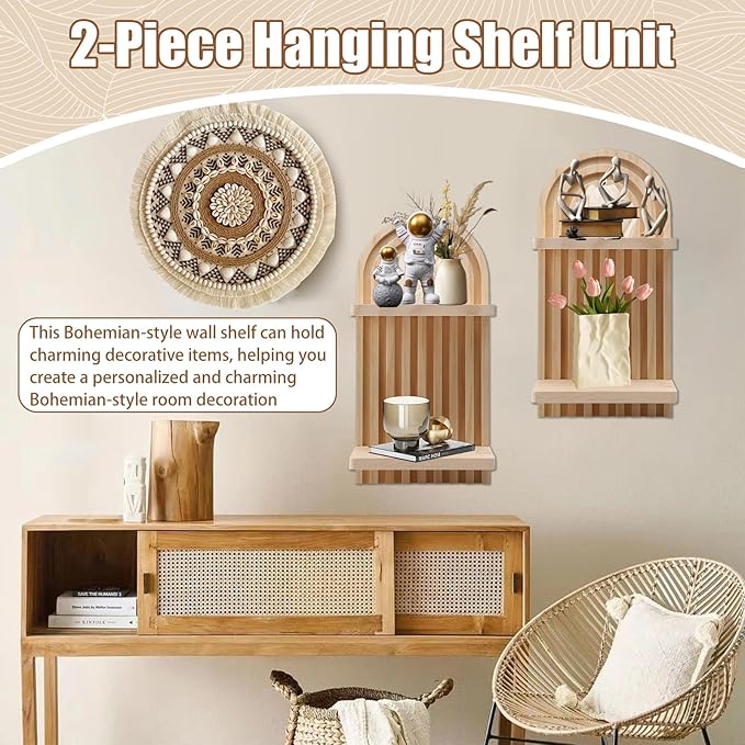 2 Pack Wooden Arched Wall Shelves, Mid-Century Modern Bohemian Style Double Layer Floating Shelves, Wall Mounted Display Shelves for Living Room, Bedroom, Nursery and Office Decor