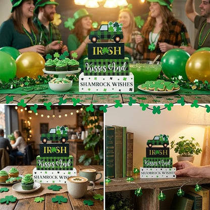St. Patrick's Day Decorations, 4 Pcs Wooden St. Patrick's Day Table Decorations, Shamrock Truck Tiered Tray Decor, Wooden Table Sign for Desk Shelf Mantel Centerpiece, Indoor Home Decor