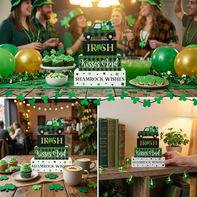 St. Patrick's Day Decorations, 4 Pcs Wooden St. Patrick's Day Table Decorations, Shamrock Truck Tiered Tray Decor, Wooden Table Sign for Desk Shelf Mantel Centerpiece, Indoor Home Decor