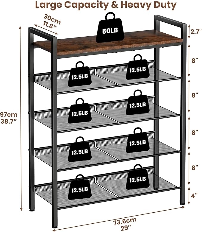 5 Tier Shoe Rack for Entryway, Metal Shoe Rack Heavy Duty with Wooden Top & Adjustable Mesh Shelves, Shoe Storage Organizer for Front Door Entrance/Closet/Bedroom/Dorm/Garage