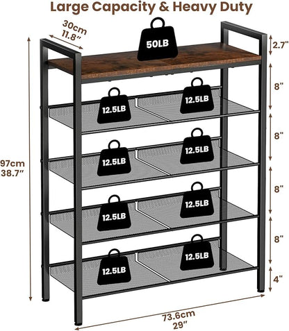 5 Tier Shoe Rack for Entryway, Metal Shoe Rack Heavy Duty with Wooden Top & Adjustable Mesh Shelves, Shoe Storage Organizer for Front Door Entrance/Closet/Bedroom/Dorm/Garage