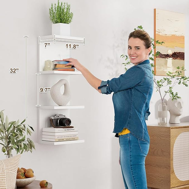 Fun Memories 4 Tier Wall Shelf Unit, Vertical Floating Shelf, Wall Mount Lack Shelving Home Decor Organizer Tall Tower Design Utility Shelving for Bedroom Living Room, White