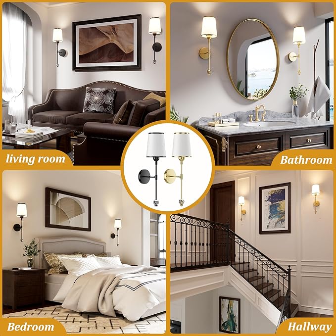 PAIHOME Gold Wall Sconces Set of Two, Wireless Battery Operated Wall Sconces with 5000mAh Dimmable 15 Colors Bulb and Remote, Rechargeable Wall Sconce for Bedroom Living Room Bathroom Hallway