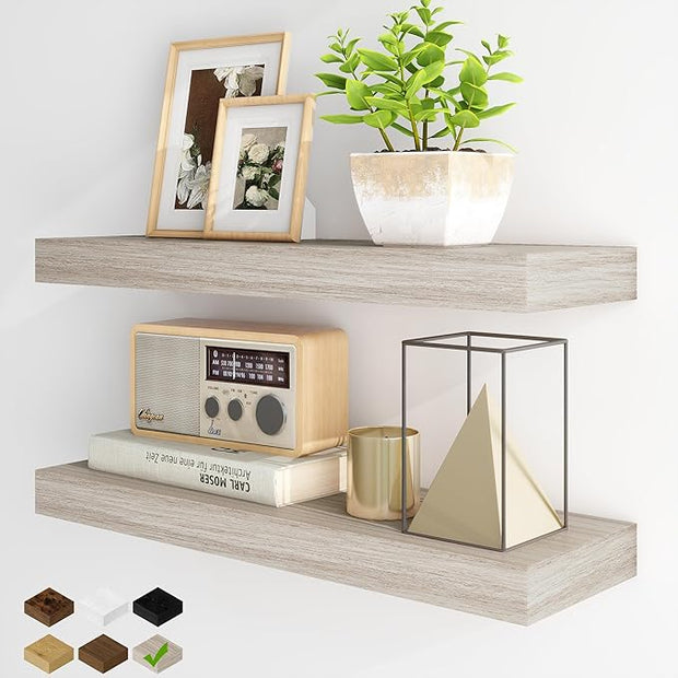 Fun Memories Floating Shelves for Wall, 24 Inch Floating Shelves Set of 2, Hanging Shelf with Invisible Brackets, Wood Shelves for Living Room, Bedroom, Kitchen, Grey