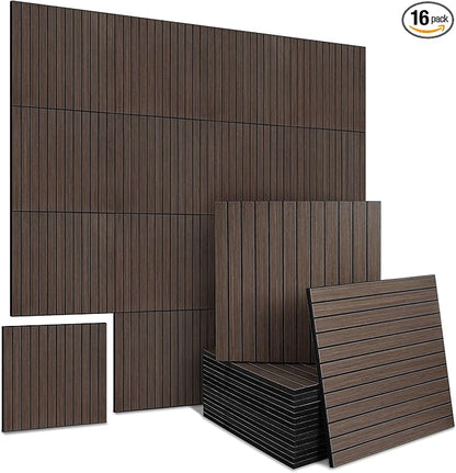 16-Pack Peel and Stick Acoustic Wall Panels, 11.8" x 11.8" PET Soundproof & Noise Cancelling Acoustic Felt, Self-Adhesive 3D Sound Absorbing Slat Wall Paneling for Interior Wall Decor, Walnut