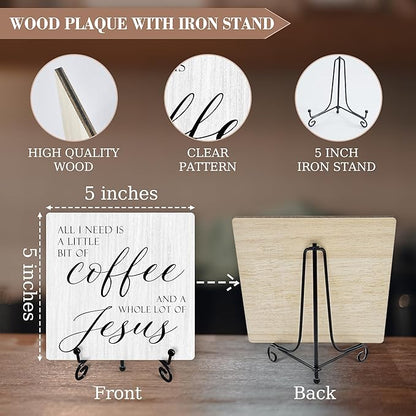 Christian Coffee Sign Desk Decor, Jesus Sign With Iron Stand, Religious Wood Plaque For Farmhouse Home Kitchen Coffee Station Cafe, Bible Verse Desk Shelf Decor -54