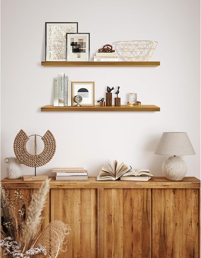 Teak Wood Floating Shelves Perfect for Bathroom Décor Pack of 2 Wooden Wall Shelves for Bedroom Living Room Kitchen Simple Minimalist Home Décor 36” x 6.7”