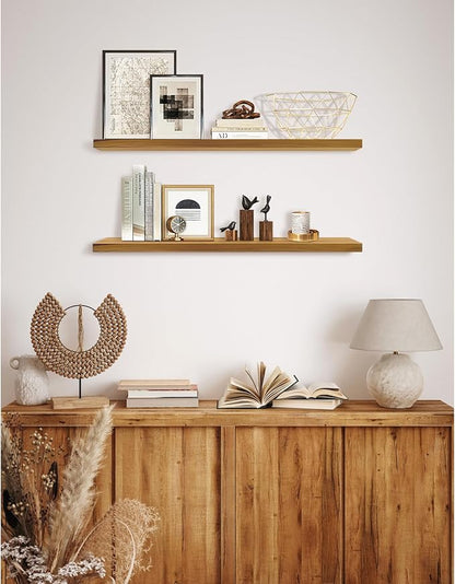 Teak Wood Floating Shelves Perfect for Bathroom Décor Pack of 2 Wooden Wall Shelves for Bedroom Living Room Kitchen Simple Minimalist Home Décor 36” x 6.7”