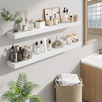 Fun Memories Floating Shelves 48 Inch, Extra Large Wood Shelf Set of 2, Hanging Wall Shelves for Bathroom, Living Room, Kitchen, Bedroom, White