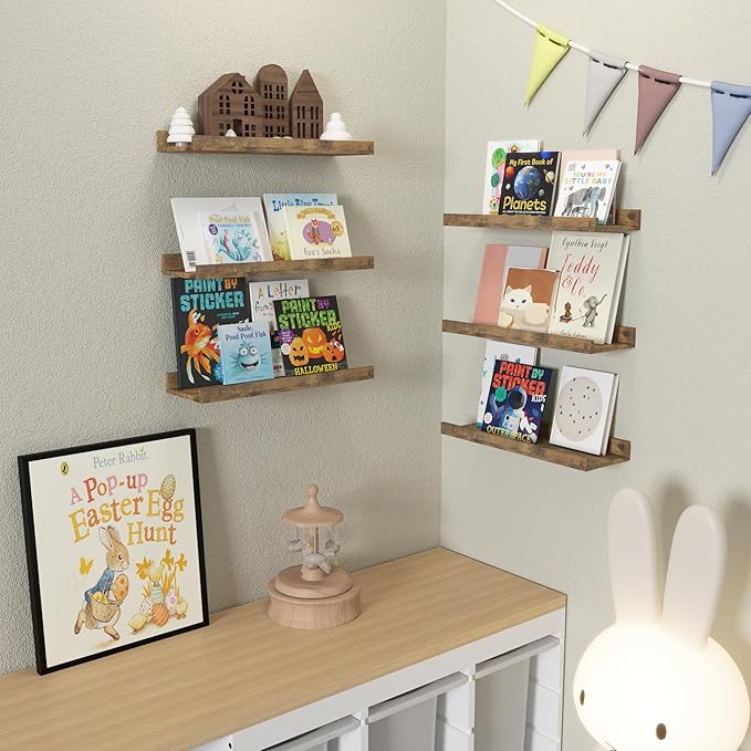 Floating Shelves Set of 6, Farmhouse Wall Shelves with Lip, Display Shelves for Wall Decor, Rustic Picture Ledge for Living Room, Bedroom, Nursery, Bathroom, Pictures, Books, Plants- Brown