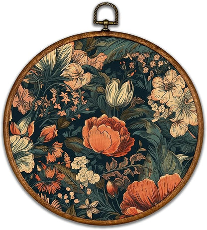 KSDUT Aesthetic Flower Dark Wall Art Decor - Botanical Neutral Mid Century Modern Wall Art Canvas Frame Hanging Prints, Vintage Landscape Round Wall Art Decor for Home Decorations 10"x10"
