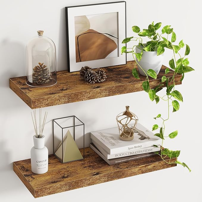 Fun Memories Floating Shelves - 2 Pack 9.3 Inch Deep Rustic Wooden Wall Shelves - Wall Mounted Storage Shelf with Invisible Brackets, 24