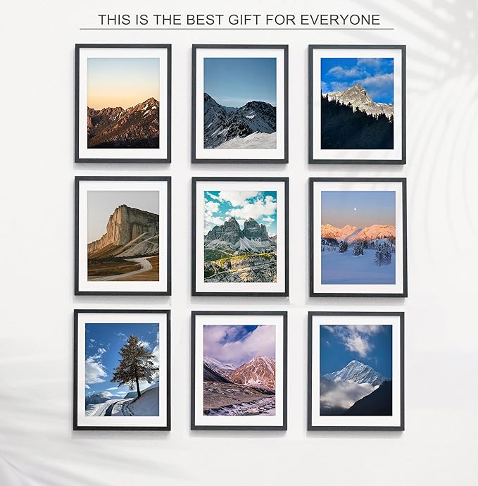 Wiscet 11x14 Picture Frame Set of 9, Display Pictures 8x10 with Mat or 11x14 Without Mat, Photo Frame for Wall Mounting or Tabletop Display, Black.