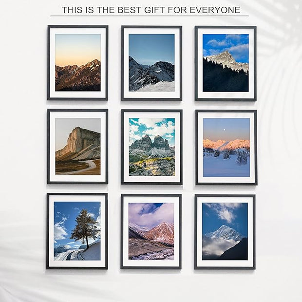 Wiscet 11x14 Picture Frame Set of 9, Display Pictures 8x10 with Mat or 11x14 Without Mat, Photo Frame for Wall Mounting or Tabletop Display, Black.
