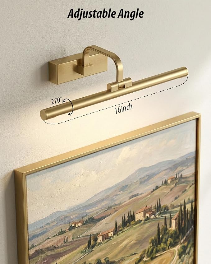 URSOLA 16“ Picture Lights for Wall, Brass Battery Operated Picture Frame Light, Dimmable LED Light Over Picture Frame with 3 CCT, Display for Gallery, Living Room, Bedroom, Hallway